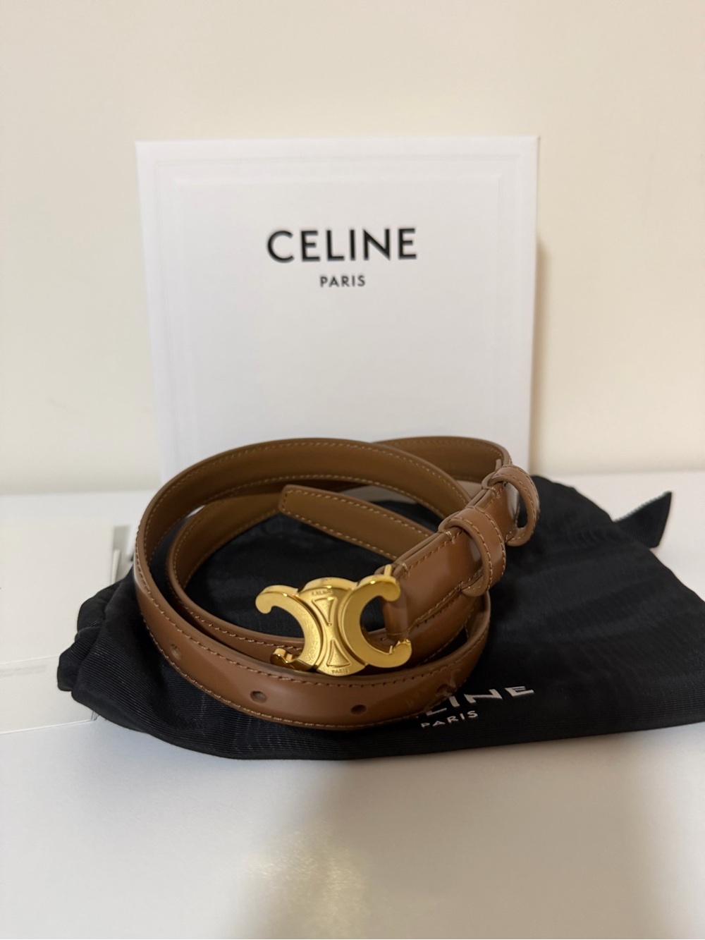 CELINE Triomphe Leather Belt in Brown with Gold Hardware